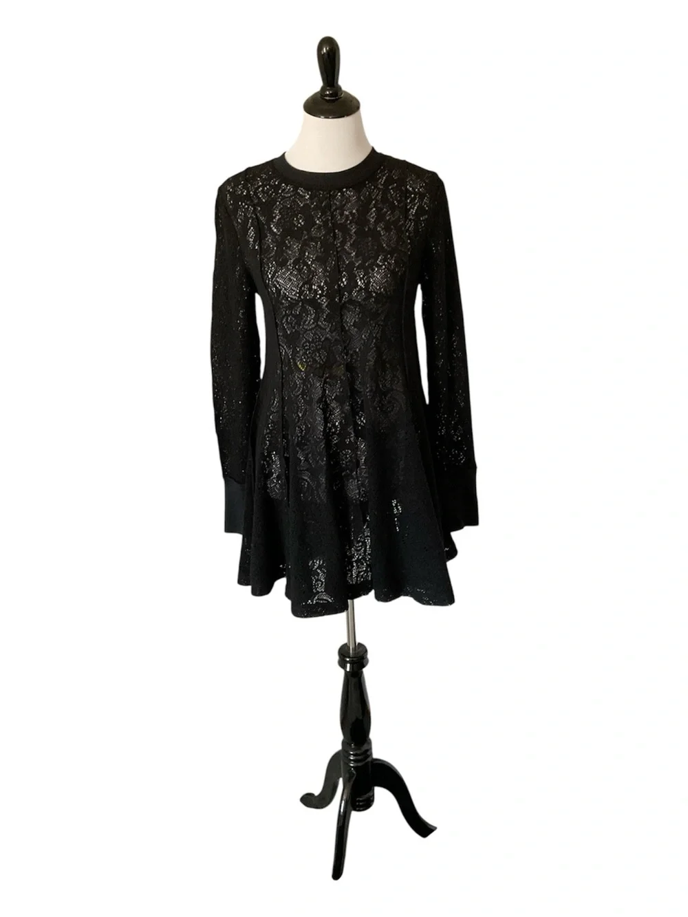 Free People Coffee in the Morning Black Lace Knit Peplum Tunic Top size S